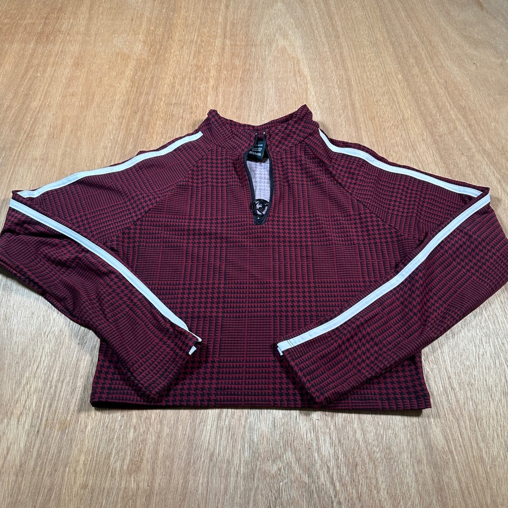 Baby Phat Cropped Top Womens Large Burgundy Houndstooth Quarter Zip Y2K Stripe
